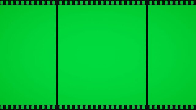 Celluloid film frame moving motion on green screen chroma key background. Simple classic negative border overlay video template. image lens action asset industry mix format art fx top ui hd post