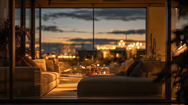 Luxury rooftop lounge overlooking urban skyline during twilight in cinematic panoramic view for high-end hospitality marketing
