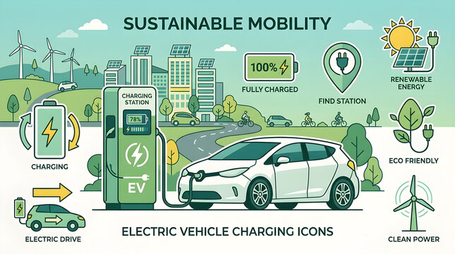 Sustainable Electric Vehicle Charging Renewable Energy Icons