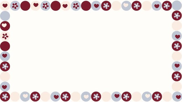 4k footage animation frame of love and flower daisy red blue and cream in circle with white background. Argyle cute pattern with flower and hearts. Frame for Valentines' day,wedding,birthday, ornament