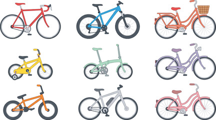 Obraz premium Bicycle Collection Set with Road Mountain City Kids Folding BMX Electric and Cruiser Bike Various Colors Vector Illustration