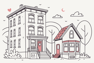 Naklejka premium Building And House Doodle Vector Art Urban Architectural Illustration
