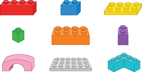 Obraz premium Colorful Building Block Brick Set with Various Shapes and Sizes for Kids Construction Toy Play Vector Illustration