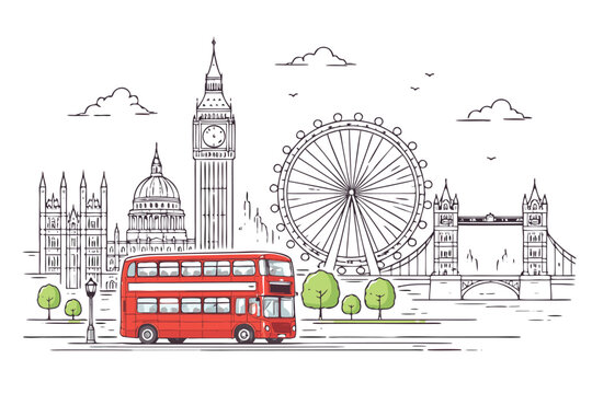 London Cityscape Line Art Illustration featuring Iconic Landmarks like Big Ben, London Eye, Tower Bridge, and St Paul's Cathedral with a Red Double-Decker Bus in a Simple Flat Vector Style.