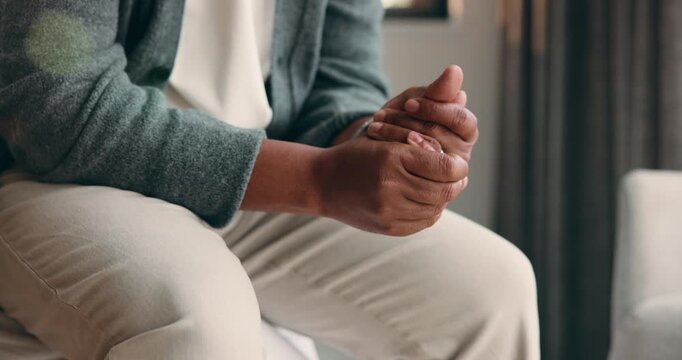 Thinking, nervous and hands with man in bedroom of home for reflection, perspective and mistake. Mindfulness, planning and doubt with person with anxiety in apartment for stress and mental health