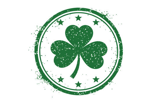 St. Patrick's Day Green Rubber Stamp with Shamrock and Grunge Texture. Distressed Irish Clover Seal with Stars for Holiday Celebration. Flat Vector Illustration for Luck and Celtic Tradition.