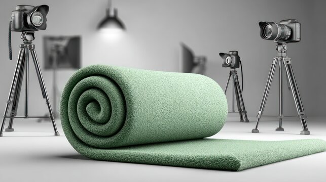 Green rolled textile in studio setting with cameras and lighting equipment