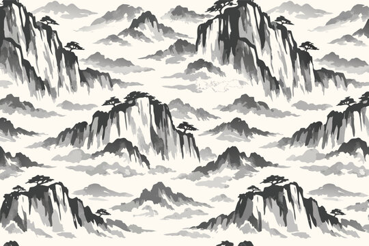 Seamless Japanese and Chinese Ink Wash Style Mountain Cliff Pattern with Traditional Oriental Landscape, Mist, and Pine Trees. Elegant Monochrome Vector Illustration for Wallpaper and Fabric.
