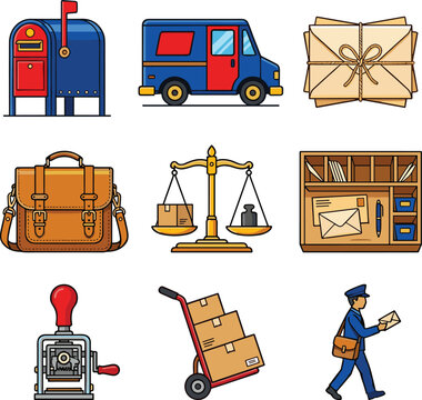 Postal Service Icon Set with Mailbox Delivery Van Letter Bag Scale Sorting Box Stamp Machine Trolley and Postman Vector