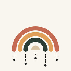 Minimalist boho rainbow illustration with terracotta and mustard arches featuring stylized rain drops for nursery © SATHI
