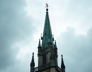 Fototapeta premium Tall gothic spire pierces cloudy sky. Intricate stone masonry and metal details crown aged church tower. Dramatic historical landmark looms against overcast weather.