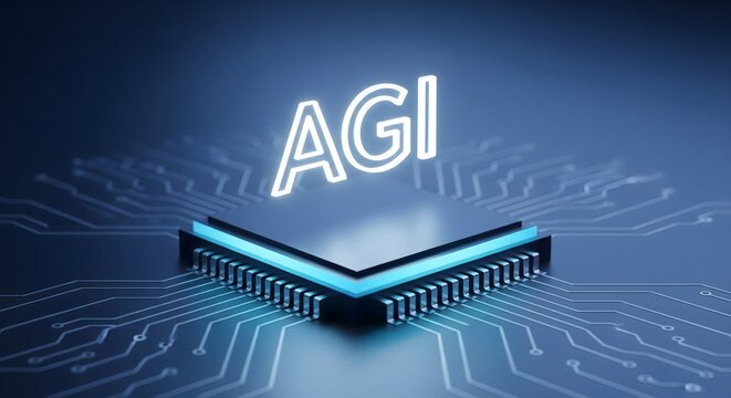 Artificial general intelligence concept with AGI letters glowing on a powerful computer processor chip.