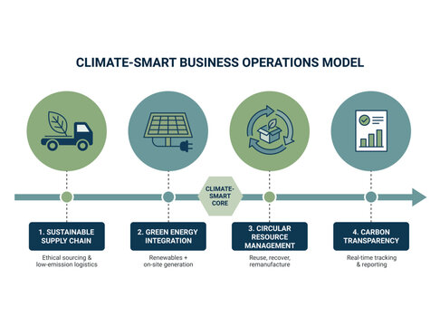 Climate-smart business operations model showing sustainable supply chain, green energy integration, circular resource management, and carbon transparency.