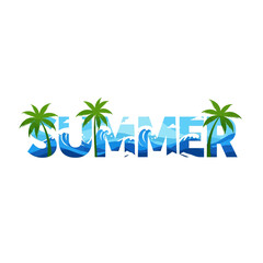 Obraz premium Summer Text with Ocean Waves and Palm Trees, Isolated on White