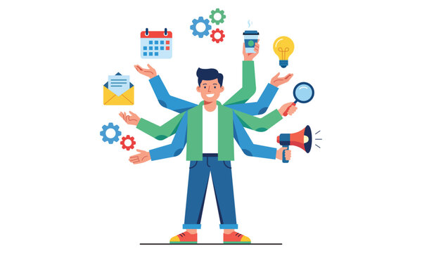 Multi-armed man juggling various tasks like calendar, email, gears, coffee, idea, magnifying glass, and megaphone, representing multitasking and efficiency.