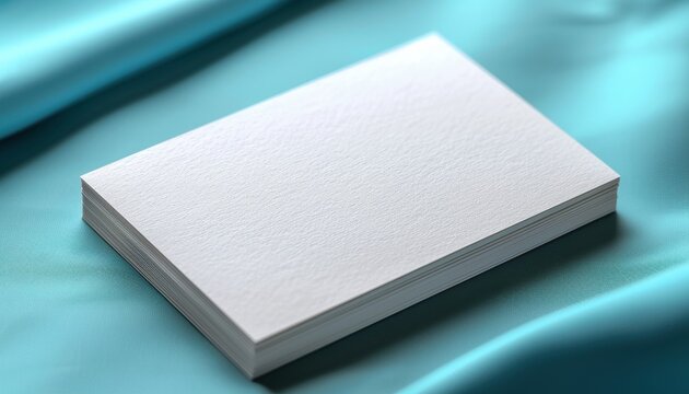 High quality paper stack mockup resting on soft blue fabric background ideal for displaying corporate identity or creative brand artwork.