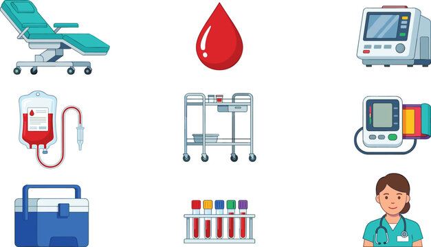 Medical Hospital Equipment Set with Patient Bed Blood Drop Monitor Bag Trolley Pressure Meter Test Tube and Nurse Vector