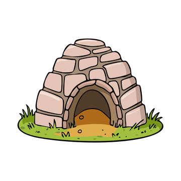Cartoon illustration of a rustic stone igloo shaped dwelling with a grassy base and an arched entrance