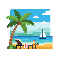 Obraz premium Tropical beach vacation scene with palm tree and sailboat illustration