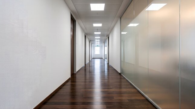 A long office corridor stretches down a well-lit interior hallway with glass walls and wooden floors.