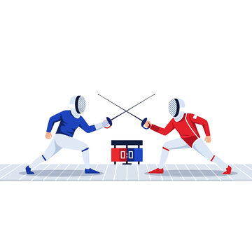Fencing match illustration: Two fencers with swords, competitive sport.