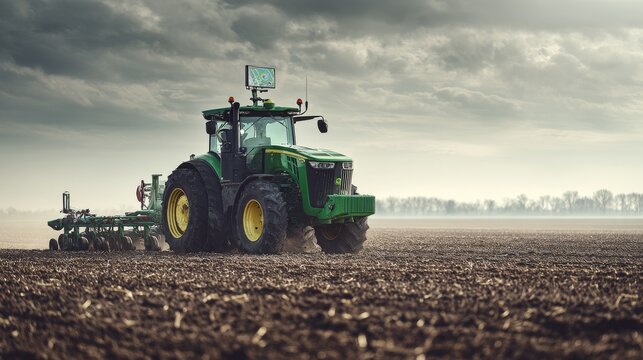 A large green tractor plows a field under a dramatic, overcast sky, pulling farming equipment. The scene evokes agriculture
