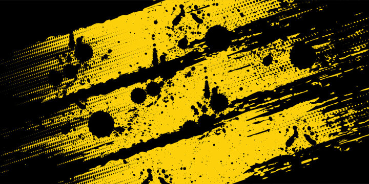 Yellow and black backdrop with dot halftone pattern element. Abstract brush grunge background. retro comic concept for your graphic design, banner or poster. Vector