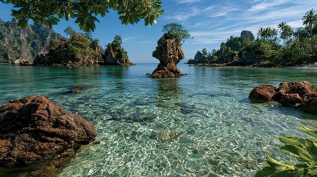 Serene Tropical Paradise Cove: Crystal Clear Turquoise Water, Unique Coastal Rock Formations, Lush Mountain Shoreline and Fringing Palm Trees