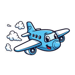 Naklejka premium Cartoon airplane flying, happy character with clouds - isolated on white background