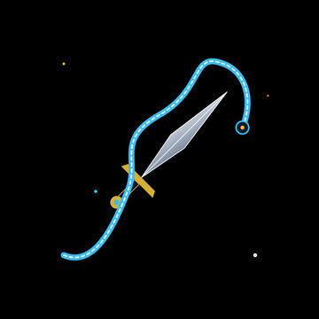 Stylized silver dagger entwined by a glowing blue cosmic serpent on a dark starry backdrop.