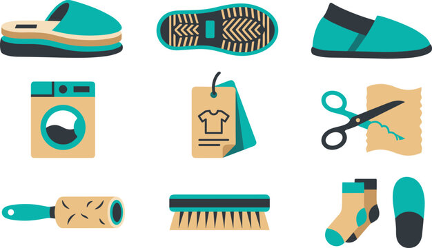 Footwear Colorful Flat Icon Set with Slipper Shoe Sole Slip On Washer Care Label Scissors Lint Roller Cleaning Brush and Socks Vectors