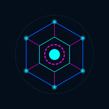 Abstract neon hexagonal technology icon featuring glowing vertices and circular elements for modern digital network