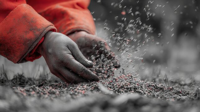 Crimson-sleeved hands delicately sow seeds onto monochrome ground, life-giving act in progress