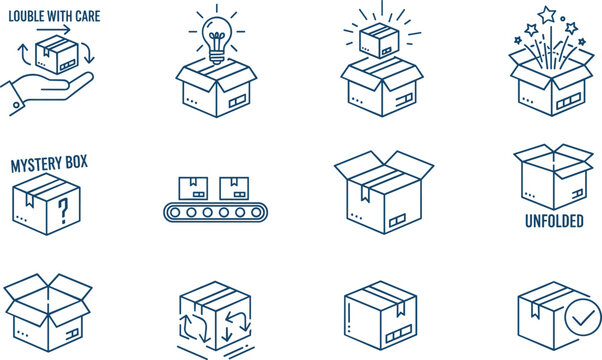 Series of line style vector icons depicting cardboard shipping boxes in different logistics and delivery stages.