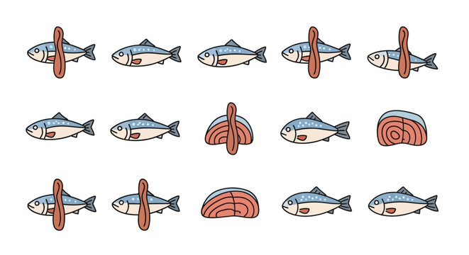 Stylized fish illustrations with sliced salmon variations in a repeat pattern
