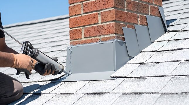 Skilled roofer applies durable sealant to the chimney flashing on a residential roof, enhancing weatherproofing and preventing leaks for long-term home maintenance
