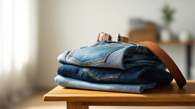 Stack of folded denim jeans in different washes, with a brown leather belt atop