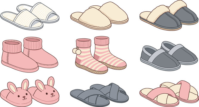 Slipper Colorful Outline Icon Set with Open Toe Mule Sherpa Boot Sock Shoe Loafer Bunny Cross Strap and Slide Vectors