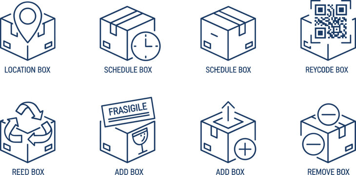 Set of isometric box line icons, each with distinct labels and symbols for shipping and logistics.