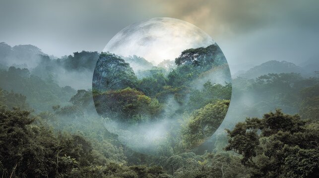 NatureProtection atmospheric sphere centered within vibrant treescape revealing environmental responsibility and global restoration focus on planetary care theme ethereal Overlay mist covered wilderne