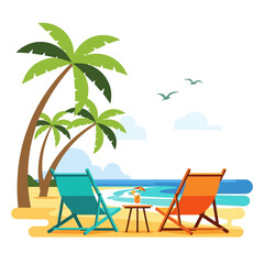 Obraz premium Beach scene with chairs, palm trees, cocktail and seagulls illustration