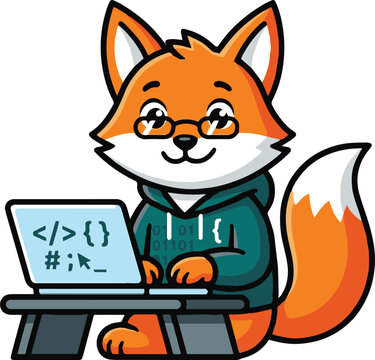 Cute Fox Software Developer Mascot Logo Coding on Laptop Cartoon Vector Illustration