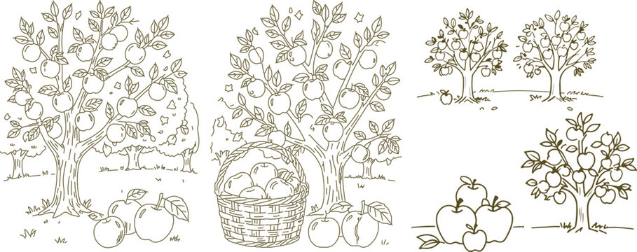 Collection of Hand-Drawn Apple Trees and Fruit in Sketch Style