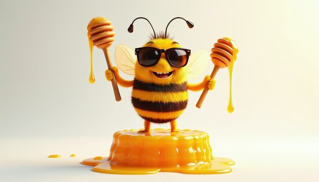 Cute cartoon bee with sunglasses stands on honey. Bee holds honey dippers in paws, sweet liquid drips down. Playful insect character celebrates sweet harvest, natural food concept.