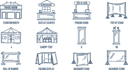 Trade show booth and exhibition tent icons for event management outdoor festivals and fairground equipment. © Emongrapic