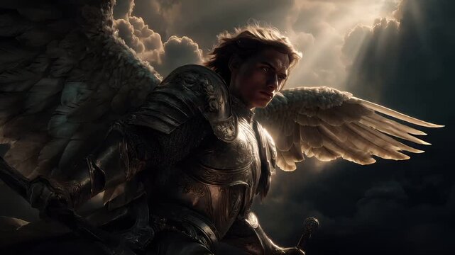 Fantasy wallpaper. A dramatic portrayal of an angel, set against a stormy sky. The angel is depicted in a side profile, with large, white, featherlike wings spread wide.