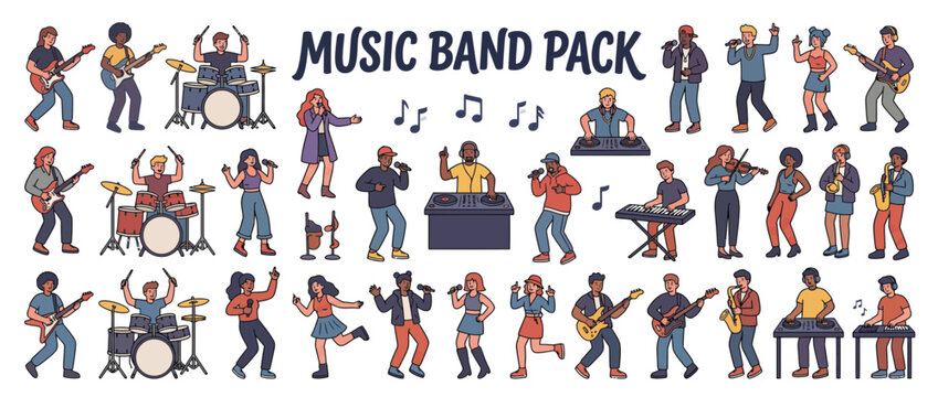 Music band pack with various musicians playing instruments.