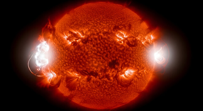 Solar Flare Eruption: A spectacular solar flare erupts from the sun's surface, casting intense light and energy into the void of space.