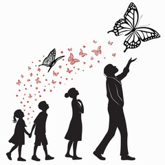 Silhouettes of people and butterflies in a vector illustration depicting growth and transformation butterfly lepidoptera insect © Miasahin