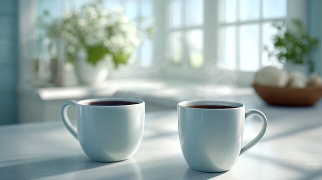 Two warm coffee cups sit side by side, releasing gentle steam. Sunlight floods the cozy kitchen, illuminating fresh flowers and inviting pastel decor. A tranquil morning scene unfolds